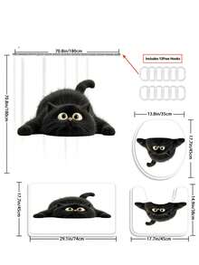 1/3/4件套可爱偷窥黑猫印花浴帘浴室套装，趣味卡通风格浴室窗帘，防水耐用，现代家居浴室装饰浴帘，72英寸*72英寸 - 浴室隔断浴帘，包含12个挂钩，浴室配件 - 包括马桶盖套、浴垫和地毯，采用涤纶面料 - 可水洗，适合家庭浴室 - 呆萌黑貓 - 查看 12