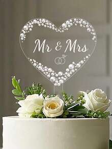 Acrylic Mr. & Mrs. Cake Topper - Cake Decoration With Pearls And Rhinestones, Suitable For Engagement, Bridal Shower, Anniversary, Luxury Wedding Cakes, Reusable Wedding Cake Decor, Easy To Install Cake Topper, Boho Style Wedding Cake Decor, Rustic Wedding Cake Decor, Luxury Wedding Cake Topper With Pearls (Heart Shape) - Multicolor - View 1