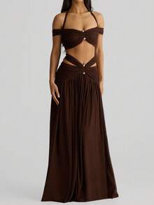 Look Polly Women's 2-Piece Set For Summer, Sexy & Alluring Off-Shoulder Crop Top With Brown Maxi Skirt, Suitable For Valentine's Day, Carnival, Casual, Beach, Resort Wear - Dark Brown - View 6
