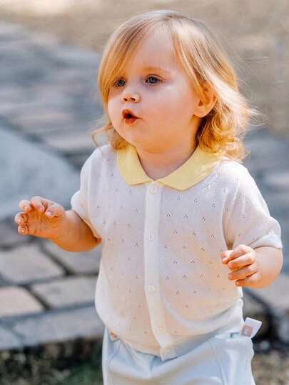 Camisa polo de niña con cuello hueco de color block, de manga corta, ligera, con falsos botones de punto, adecuada para uso casual diario, primavera/verano/otoño