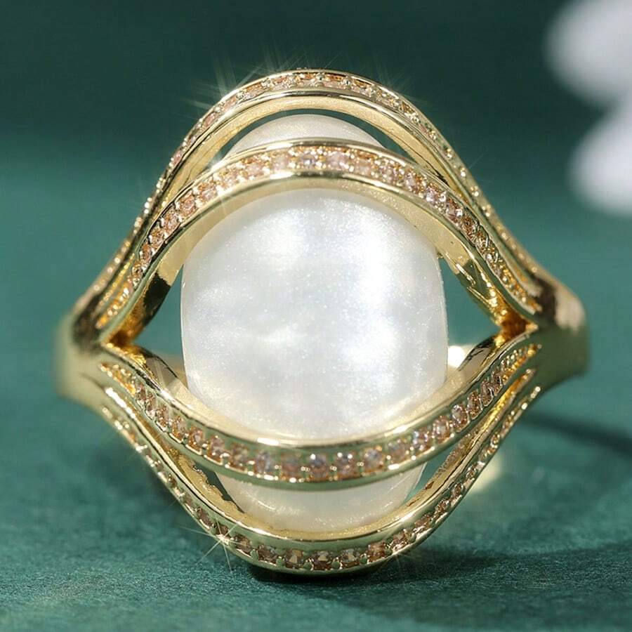 Nhẫn Zirconia nhiều lớp sang trọng, thanh lịch, hình bầu dục thuôn dài, tối giản dành cho nữ, thích hợp để đeo hàng ngày, dự đám cưới, đi nghỉ mát hoặc làm quà tặng ngày lễ. - Vàng - Xem 1