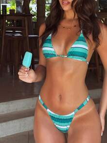 女士比基尼套装，挂脖系带露背泳衣，条纹印花高弹面料，适合派对、音乐节、情人节等场合，女士沙滩装，优雅女士沙滩比基尼套装，夏季女士度假沙滩泳装两件套，女士泳衣，夏季度假装 - 彩色 - 查看 7