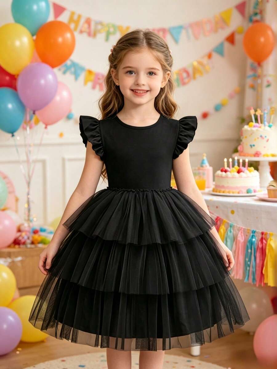 Đầm hè nhiều lớp bồng bềnh, đầm voan dự tiệc dễ thương, đáng yêu và thanh lịch, thích hợp cho mặc thường ngày, du lịch và nghỉ lễ. - màu đen - Xem 1