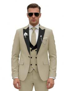 Men's Tailored Suit Set, Black Satin Plaid Collar, Anti-Wrinkle Fabric, Wedding Groom's Evening Dress For Formal Business Attire - Màu be - Xem 2