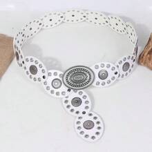 Cinturón con hebilla redonda de remache estilo retro, banda de cintura con ojetes de moda bohemia, versátil - Blanco - Ver 3