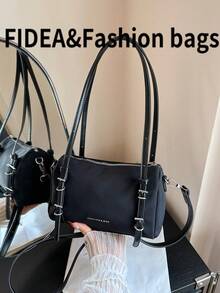 Bolso de hombro de mujer de moda, bolso de mano y bandolera minimalista de unicolor con decoración de hebilla, bolso de alta calidad con diseño único tipo Boston, adecuado para ir al trabajo, compras y uso diario - Negro - Ver 6