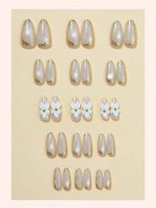 10pcs 3D Flower Acrylic Cat Eye Nail Stickers, Almond Shape, 3D Golden Plated Diamond Design, Shiny Y2K Style Full Coverage False Nails, Suitable For Women & Girls Daily Wear - Multicolor - View 3