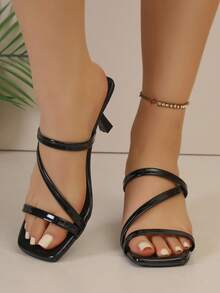 Giày sandal cao gót thời trang nữ, màu trơn, mũi vuông, gót mỏng, thiết kế quai đơn giản, phù hợp cho nhiều dịp, mùa xuân/hè. - màu đen - Xem 3