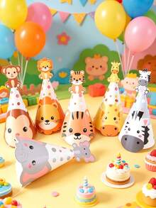6pcs Jungle Animal Themed Birthday Hats, Paper Hats For Jungle Adventure Birthday Party, Cartoon Elephant, Lion, Monkey, Giraffe, Hippo And Leopard Print Patterns, Suitable For Birthday Party, Wild Forest Party, Baby Shower Party, Party Photo Props - A - View 2