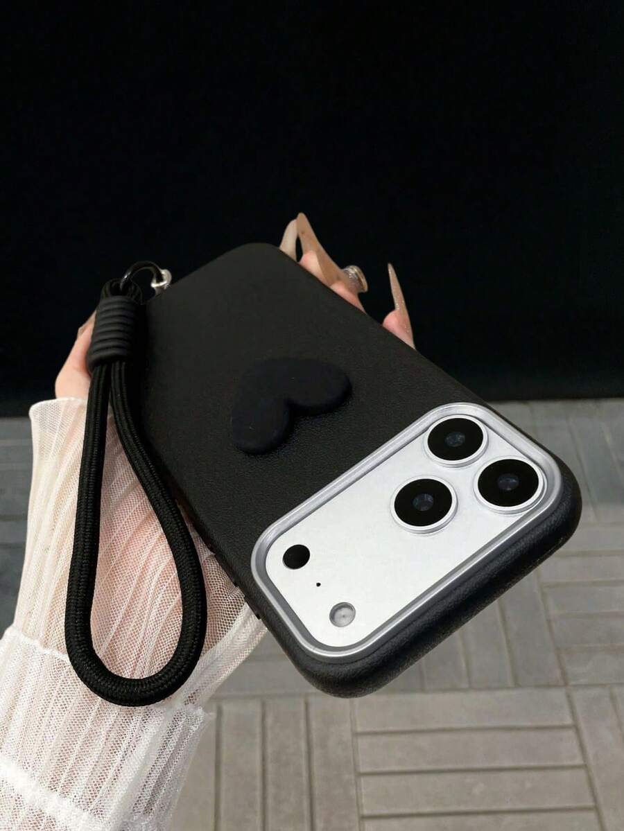 1 Set Black Phone Case With Heart Pendant & Lanyard, Compatible With IPhone 17/17 Pro Max/16/15/14/13/12/11/Pro/Pro Max/Plus, S20-S25/FE/Ultra, Minimalist & Fashionable, Anti-Fall, Anti-Slip, Anti-Scratch, Gift