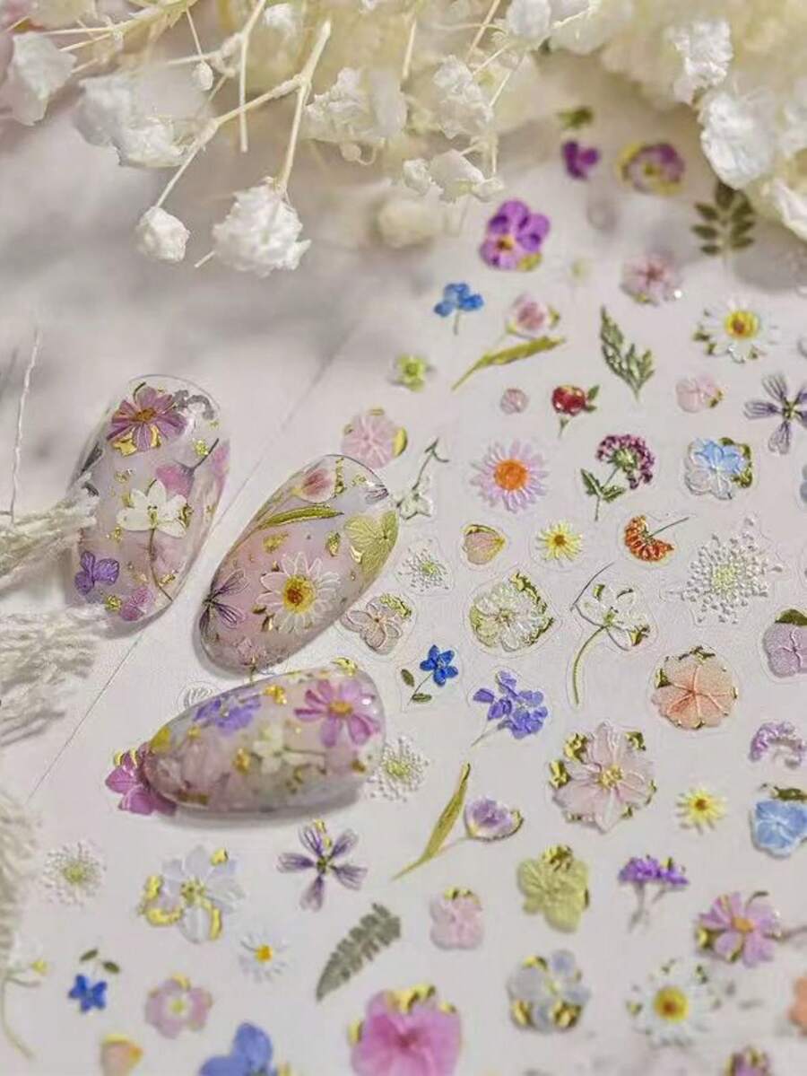 1片金色箔纸花卉美甲贴纸,雏菊和郁金香美甲贴花,多功能自粘美甲用品,适合女孩和女士,是春季和节日的理想之选,适用于家庭和美甲沙龙使用。 - 彩色 - 查看 1