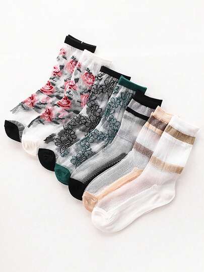 1/2 đôi tất nữ mỏng, chất liệu lụa pha lê, họa tiết hoa, dài đến bắp chân, thoáng khí và mát mẻ cho mùa hè.