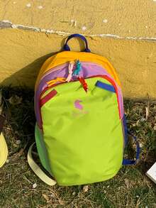 1个亮色拼接双肩包，女款，大容量书包，轻便旅行背包，耐用笔记本电脑背包，登山背包，时尚书包，适合青少年女孩，休闲通勤包，适合返校、大学、徒步旅行、露营、度假、日常使用 - 彩色 - 查看 10