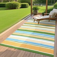 Striped Outdoor Area Rug, Waterproof Outdoor Rug,Reversible Outdoor Rugs, Patio Plastic UV Resistant Garden Rug, Plastic Straw Rug With Portable Bag For Front Door, Kitchen, Entryway, Patio, Porch - Amarillo/azul/verde/blanco-9*12 pies (274*366 cm) - Ver 5