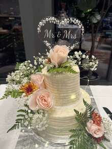 Acrylic Mr. & Mrs. Cake Topper With Pearls And Rhinestones, Suitable For Engagement, Bridal Shower, Anniversary, Luxury Wedding Cake Decor, Reusable Wedding Cake Decoration, Easy To Install Cake Topper, Bohemian Style Wedding Cake Decor, Rustic Wedding Cake Decor, Luxury Wedding Cake Topper With Pearls (Heart Shape) - Multicolor - View 4