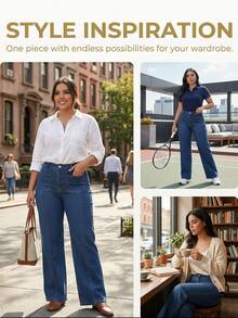 Women's Plus Size Dark Wash Non-Stretch Denim Wide Leg Pants, With Original Wash Details And Front Pockets, Long Length Casual Fall - Blue - View 3