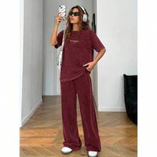 Women's Washed Brown T-Shirt And Pants Two-Piece Casual Set - 酒紅色 - 查看 4