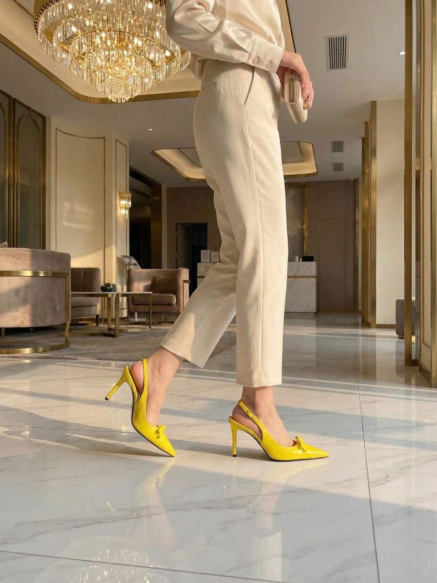 2026 New Fashionable Bowknot Crocodile Texture Sexy PU Leather Buckle High Heel Sandals, Suitable For Party, Nightclub, Office, Spring/Summer/Autumn - Yellow - View 1