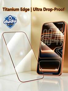 dudu Apple Orange 鈦金屬邊框鋼化玻璃螢幕保護貼－超強防摔，相容 iPhone 17 Pro Max / 17 Pro / 17 / 16 Pro Max / 16 Pro，鋼化玻璃螢幕保護貼，鈦金屬邊框，超強防摔防震金屬邊框，原色防刮高清晰透明全螢幕覆蓋，相容手機殼 - 橙色鈦金屬邊高清 - 查看 8