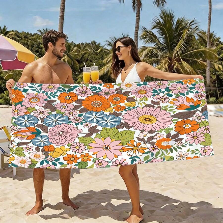 1 buah Handuk Pantai Serat Ultra Halus Motif Bunga Klasik, Serat Super Lembut Cepat Kering, Desain Bungkus yang Kuat, Cocok untuk Pantai dan Kolam Renang, Perlengkapan Pantai Penting - C - View 1