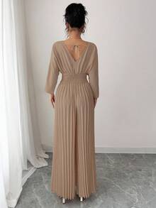 Women's Jumpsuit With Wide-Leg Pants, V-Neck, Overlay, Elegant, Fitted Waist, And Pleats. - 卡其色 - 查看 3