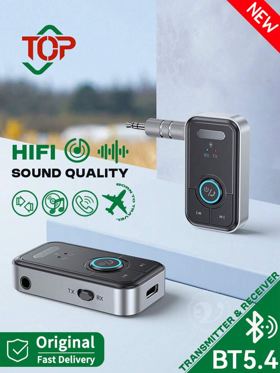 KZ 升级版蓝牙5.4车载AUX音频适配器，HiFi立体声音乐无线接收器/发射器，带3.5mm麦克风免提车载套件