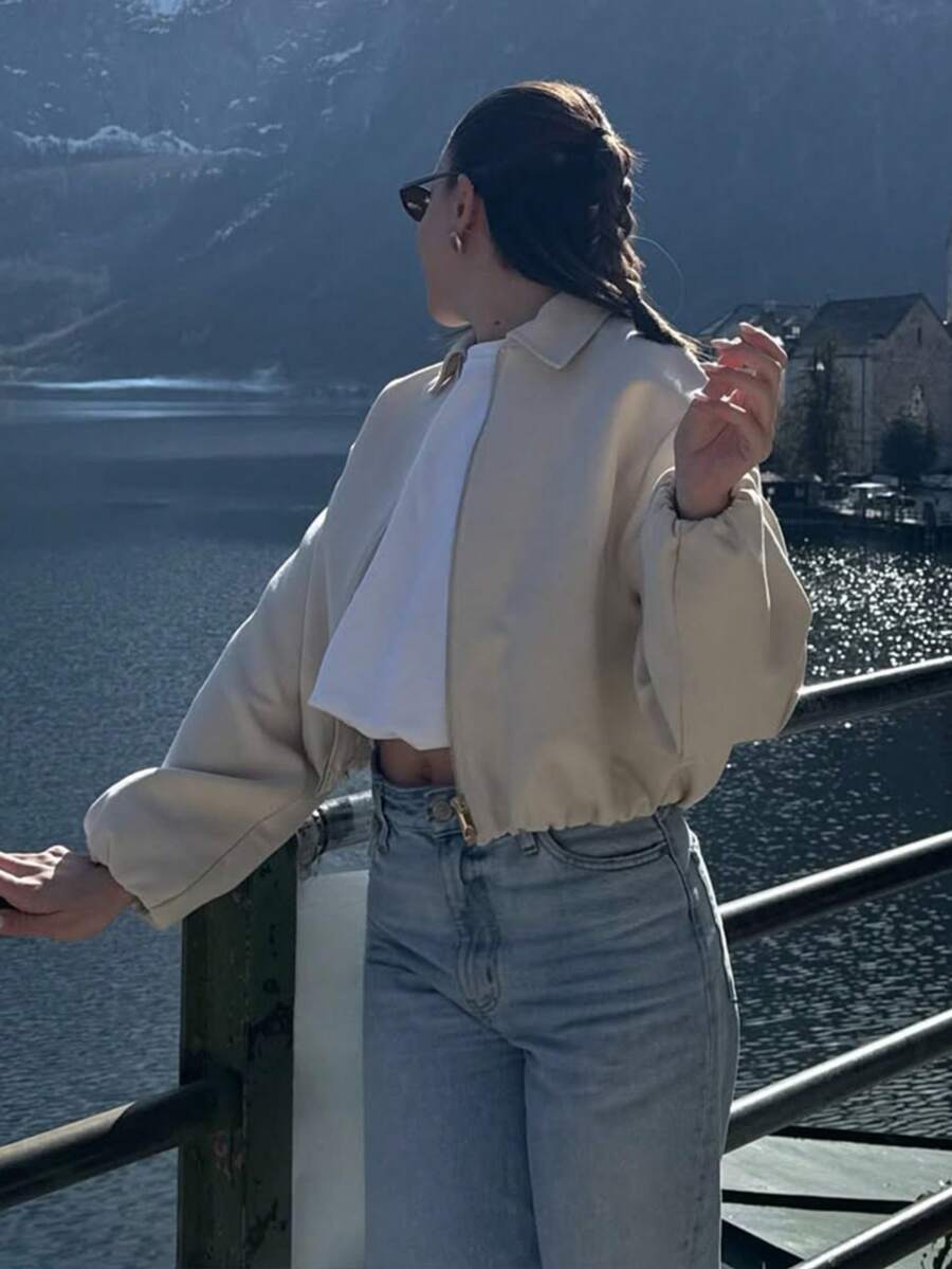 春夏休閒優雅時尚米色女款短版夾克,街頭風寬鬆鬆緊外套,Y2K女孩度假節慶外穿白色 - 白色 - 查看 1
