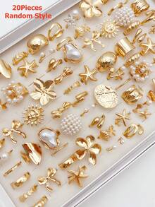 Juego de 20 piezas de anillos con diseños de mariposa, serpiente y flor brillantes, unisex, de estilo mixto, con incrustaciones de rhinestone, accesorios de joyería adecuados para uso diario y decoración de fiestas - 20 anillos de estrellas de mar al azar - Ver 9