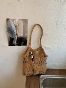 Hollow Tassel Handmade Crochet Cotton Shoulder Bag, Zipper Closure, Bohemian Style, Suitable For Vacation, Commute And Daily Use - Khaki - View 9