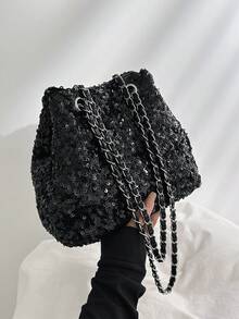 时尚亮片水桶包，新款女士单肩包/斜挎包 - 黑色 - 查看 11