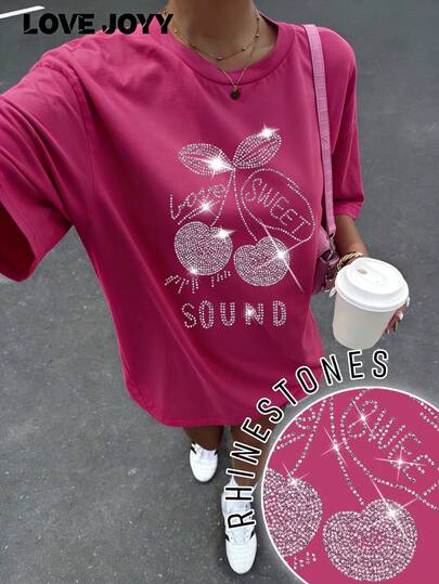 Camiseta casual de mujer LOVE JOYY con cuello redondo, decoración con letra brillante en forma de corazón y cristales de cereza, top de manga corta para la escuela, vacaciones, hogar, diario, fiesta de cumpleaños, primavera/verano