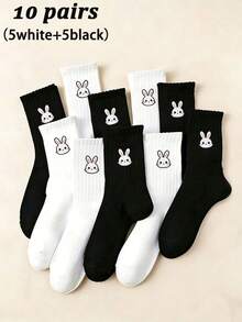 20pcs/10pcs/2pcs Women Rabbit Design Mid-Calf Socks, Sports Socks, Fashion Minimalist Casual Comfortable Versatile For All Seasons - Black and White - View 11