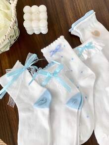 1/5 双 新款春夏可爱甜美粉蓝色蕾丝蝴蝶结中筒袜 - 彩色 - 查看 4