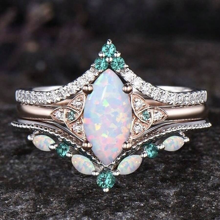 New Alloy Inlaid Marquise Opal Ring, Rose Gold Three-Piece Set For Women, A Simple And Elegant Ring Set Suitable For Daily Wear Or Parties, A Fashionable Women's Ring, Jewelry Accessory, And An Exquisite Gift For Women. - CY1695 Vàng hồng - Xem 1