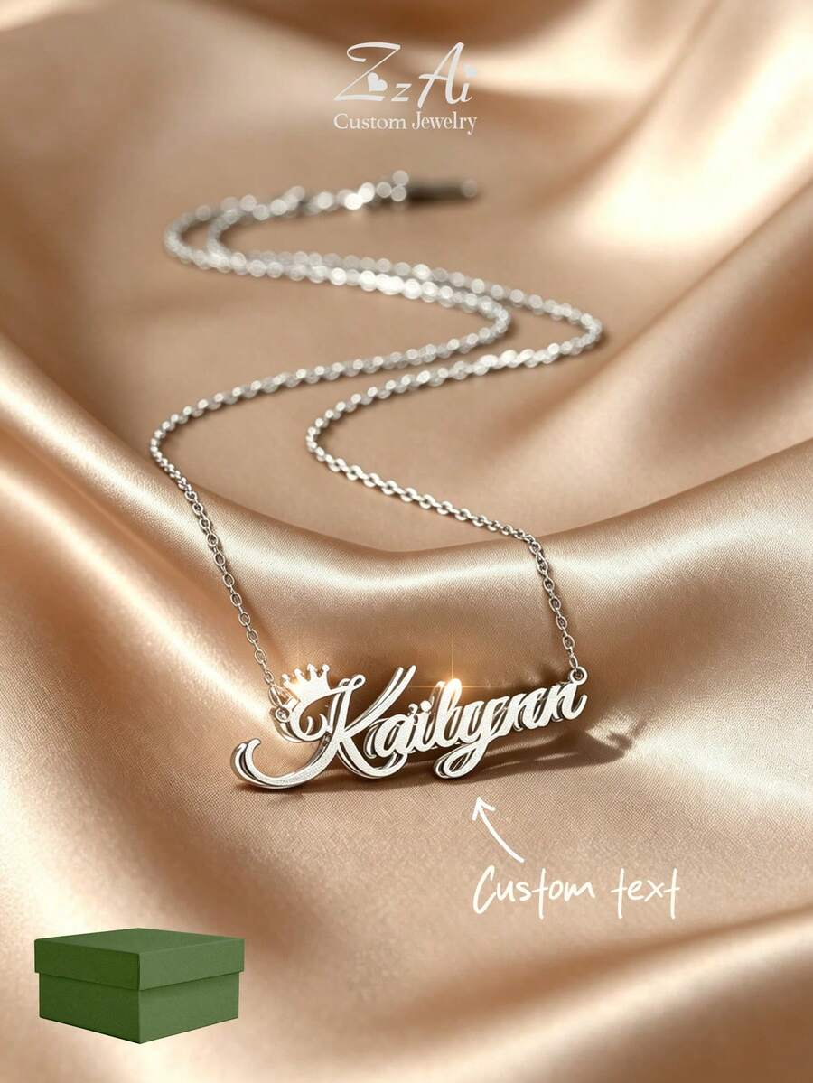 1pc 18K Gold Plated Stainless Steel Necklace, Fashionable Customizable Stainless Steel Double-Sided Letter Name Necklace, Crown Name Pendant, Multiple Font Options, Includes Luxury Gift Box - Frosted Silver - View 1
