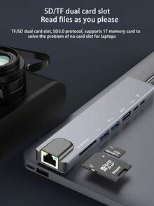 Estación de acoplamiento para portátil Tipo-C, concentrador de expansión multifuncional con lector de tarjetas SD/TF, unidad de disco duro USB externa, textura de aluminio, Ethernet Gigabit USB 3.0 (Asegúrese de que las especificaciones de su dispositivo admitan la conexión de televisión de alta definición antes de realizar la compra). - Gris Claro - Ver 10