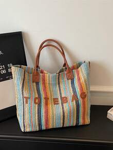 Colorful Striped Straw Tote Bag, Large Capacity Handbag, Versatile Casual Beach Bag For Travel & Vacation - Brown - View 12