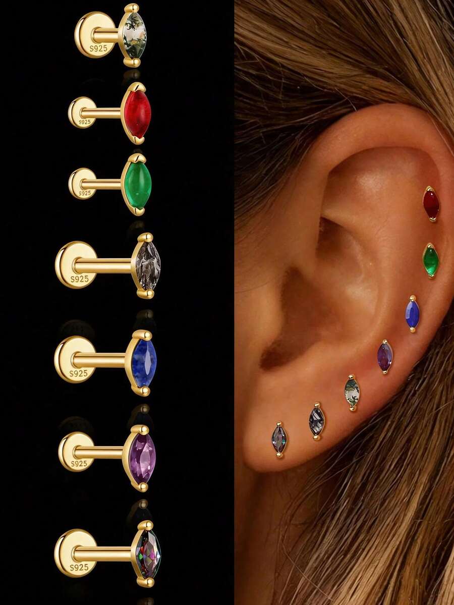 1Pc Colored Gemstones Horse Eye 925 Sterling Silver Earrings For Women Classic Hypoallergenic Stud Earring Flat Back Helix Cartilage For Daily Wear Wedding Engagement Fine Jewelry - Multicolor - View 1
