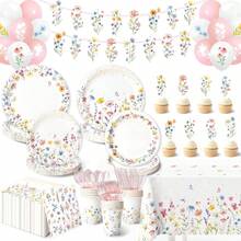 Juego de 202 decoraciones de fiesta de flores silvestres con pancartas, globos, platos, tazas, servilletas, manteles y cubiertos, suministros de cumpleaños florales para 24 invitados - 1 - Ver 2