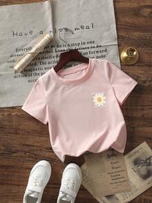 Baby Girls' Minimalist Doodle Daisy Print Round Neck Short Sleeve Cute Top - Pink - View 4