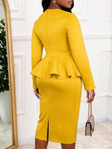 Women's Elegant Vintage Yellow Mid-Length V-Neck Long Sleeve 3D Floral Decor Fitted Dress, Suitable For Wedding Guests And Formal Occasions Party - Yellow - View 3