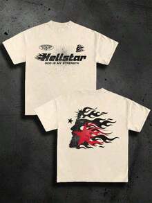1 Pcs (220 Cotton T-Shirt Double-Sided Printing) 1pc  Flame & Star Graphic T-Shirt, Y2K, Streetwear, Digital Print T - Shirt Casual Comfort Cotton Tee For Spring & Summer Fall Men's Clothing, Halloween Gift,Unisex - 杏色 - 查看 1