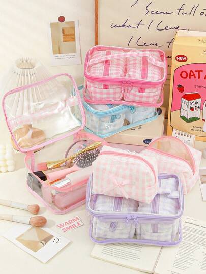 1件/套 格纹蝴蝶结蕾丝化妆包，大容量便携收纳包，旅行洗漱包，女士拉链手拿包，可收纳护肤品、化妆品、口红、香水、手机、耳机、零钱及其他小物件，收纳整理包，便携式多功能收纳包，防水手提化妆包，旅行必备，邮轮必备，宿舍必备，生日礼物，返校礼物，新年礼物，伴娘礼物