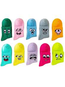 1/3/5/8/10 pares de calcetines de tripulación para mujer con estampado de dibujos animados de caras sonrientes, cómodos y de moda personalizados para primavera/verano - Multicolor - Ver 3