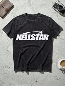 Retro Washed Graphic T-Shirt,100 % Cotton Unisex Streetwear, Men's Y2K Grunge Hellstars Slogan & Cracked Text Comet Star Graphic Double-Sided Print T-Shirt, Acid Washed Tee, Fire Face Profile Dark Aesthetic Oversized T Shirt, Graphic Tees Men, Camisetas Para Hombre, Ropa De Hombre, Playera De Hombre, Navidad,Summer Outfits For Men Woman IXXE - 黑色 - 查看 5