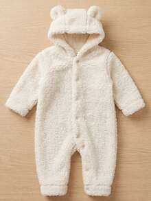 Fleece  With Ears, Winter, Cold Weather, Long Sleeves, Baby Boy, Baby Girl, Newborn To 12 Months, Hooded, Cute, Stylish, Comfortable, Warm - 奶油 - 查看 5