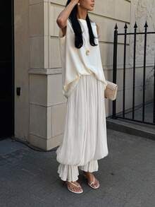 Women Baggy Balloon Long Pants Y2K Bubble Pleated Oversized Bloomers Elastic High Waist Wide Leg Lantern Harem Pants For Summer - 白色 - 查看 7