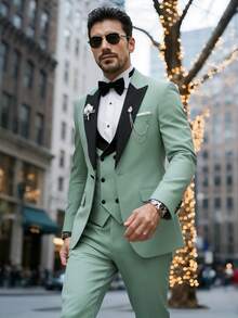Men's Tailored Suit Set, Black Satin Plaid Collar, Anti-Wrinkle Fabric, Wedding Groom's Evening Dress For Formal Business Attire - 薄荷綠 - 查看 1