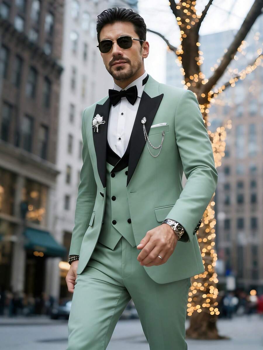 Men's Tailored Suit Set, Black Satin Plaid Collar, Anti-Wrinkle Fabric, Wedding Groom's Evening Dress For Formal Business Attire - 薄荷綠 - 查看 1