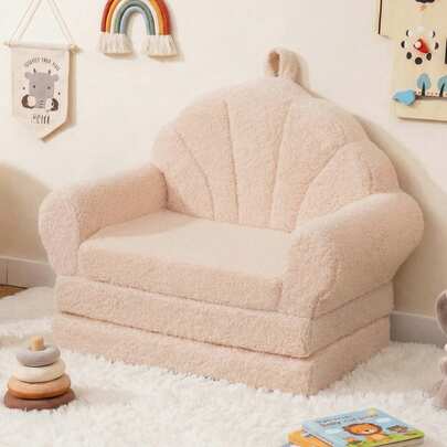  COSTWAY Convertible Kids Sofa, 2-In-1 Fold Out Toddler Couch Chair To Lounger Bed With Soft Fabric Cover For Boys Girls, Kids Furniture For Playroom, Gift For Birthday, Christmas, Beige/Pink